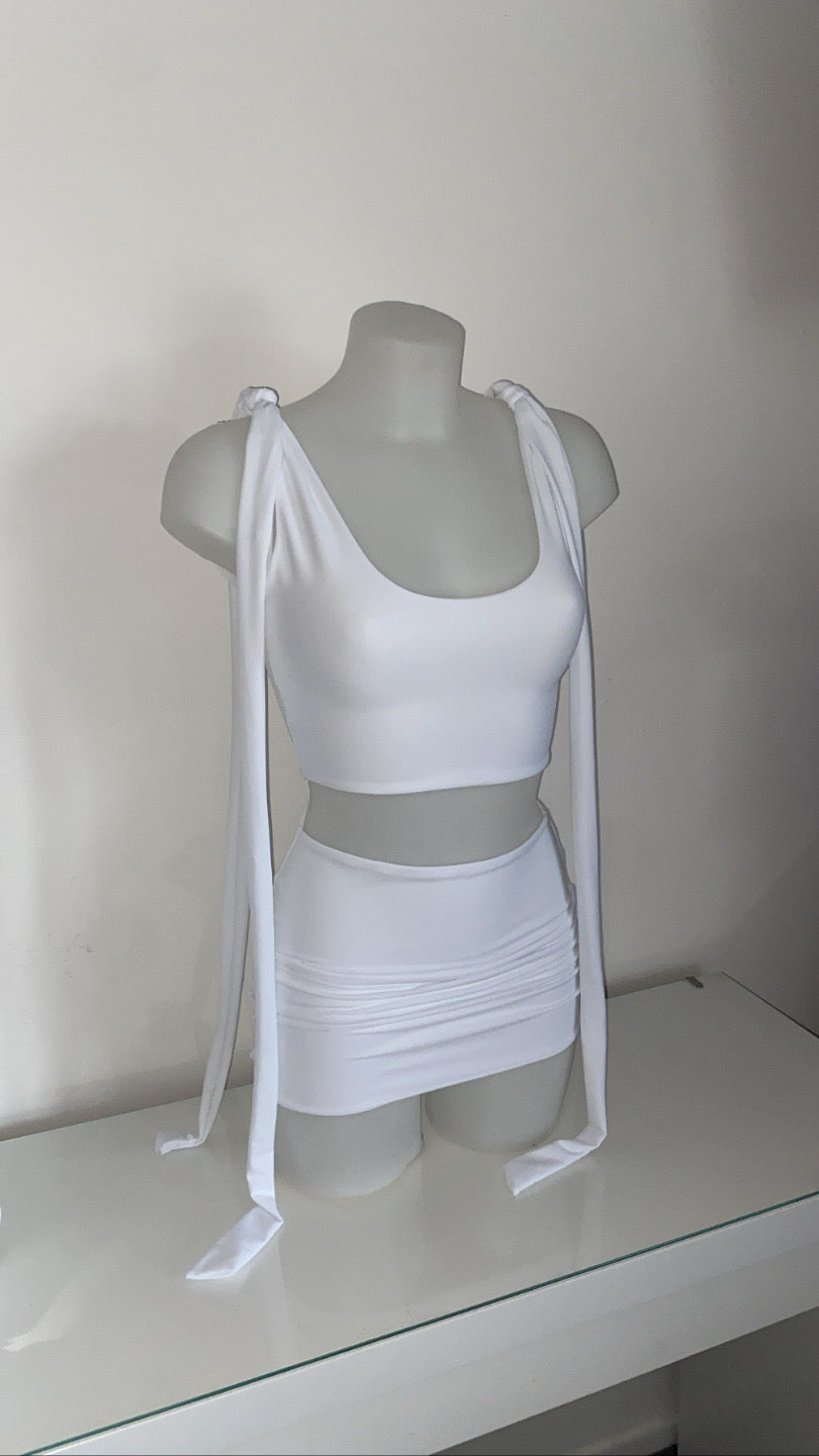 Tie Shoulder Top and Mini Skirt - White