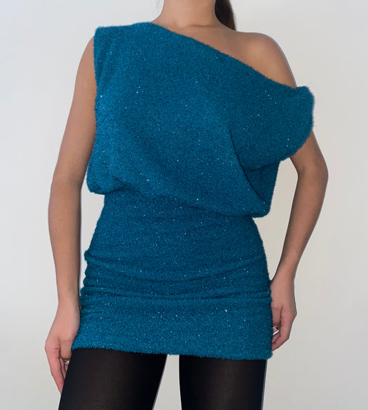 Off-Shoulder Mini Dress in Turquoise Bouclé