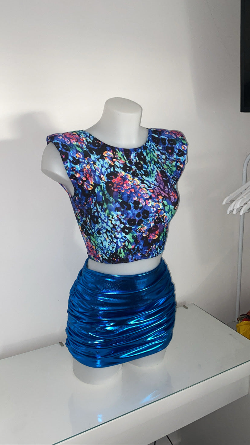 Shoulder Padded Top and Ocean Blue Liquid Skirt