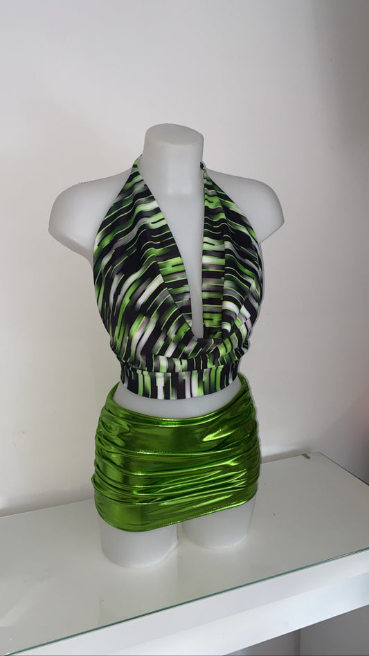 Backless Cowl Neck Top in Lime with Lime Liquid Skirt