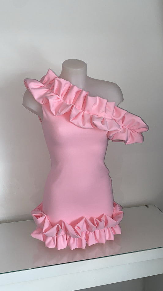 One Shoulder Ruffle Dress - Baby Pink