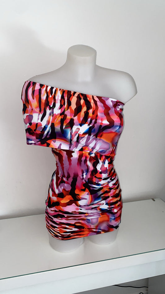 Mini Dress with Drape Shoulder - Pink and Orange