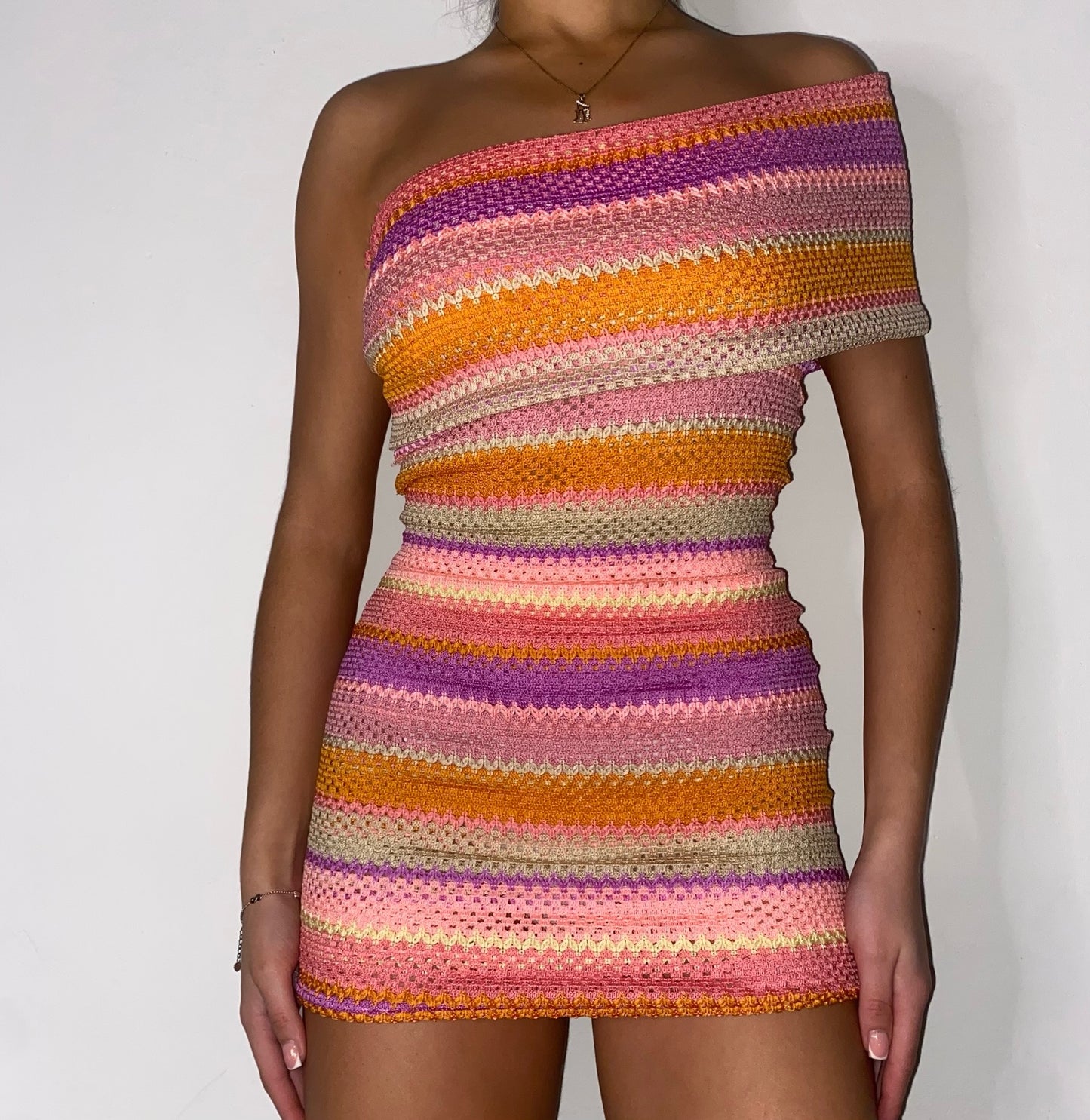 Pastel Mambo Knit Mini Dress with Drape Shoulder