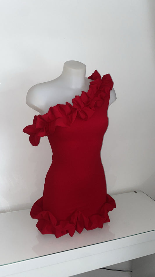 One Shoulder Ruffle Dress - Red