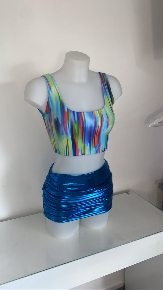 Square Neck Crop Top and Ocean Blue Liquid Skirt