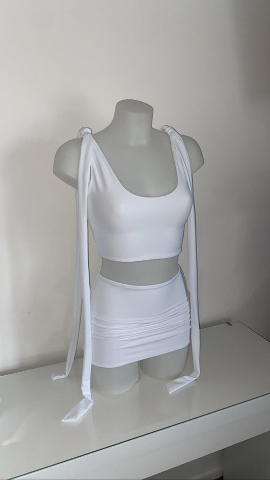 Tie Shoulder Top and Mini Skirt - White