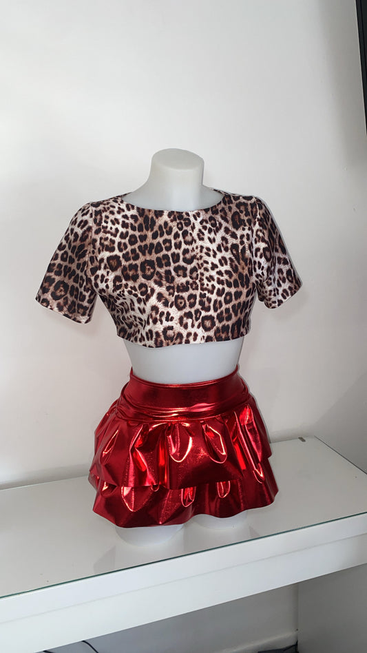 Leopard Tee and Liquid Red Frill Skirt