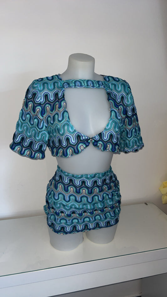 Blue Wave Crochet Knit Two Piece
